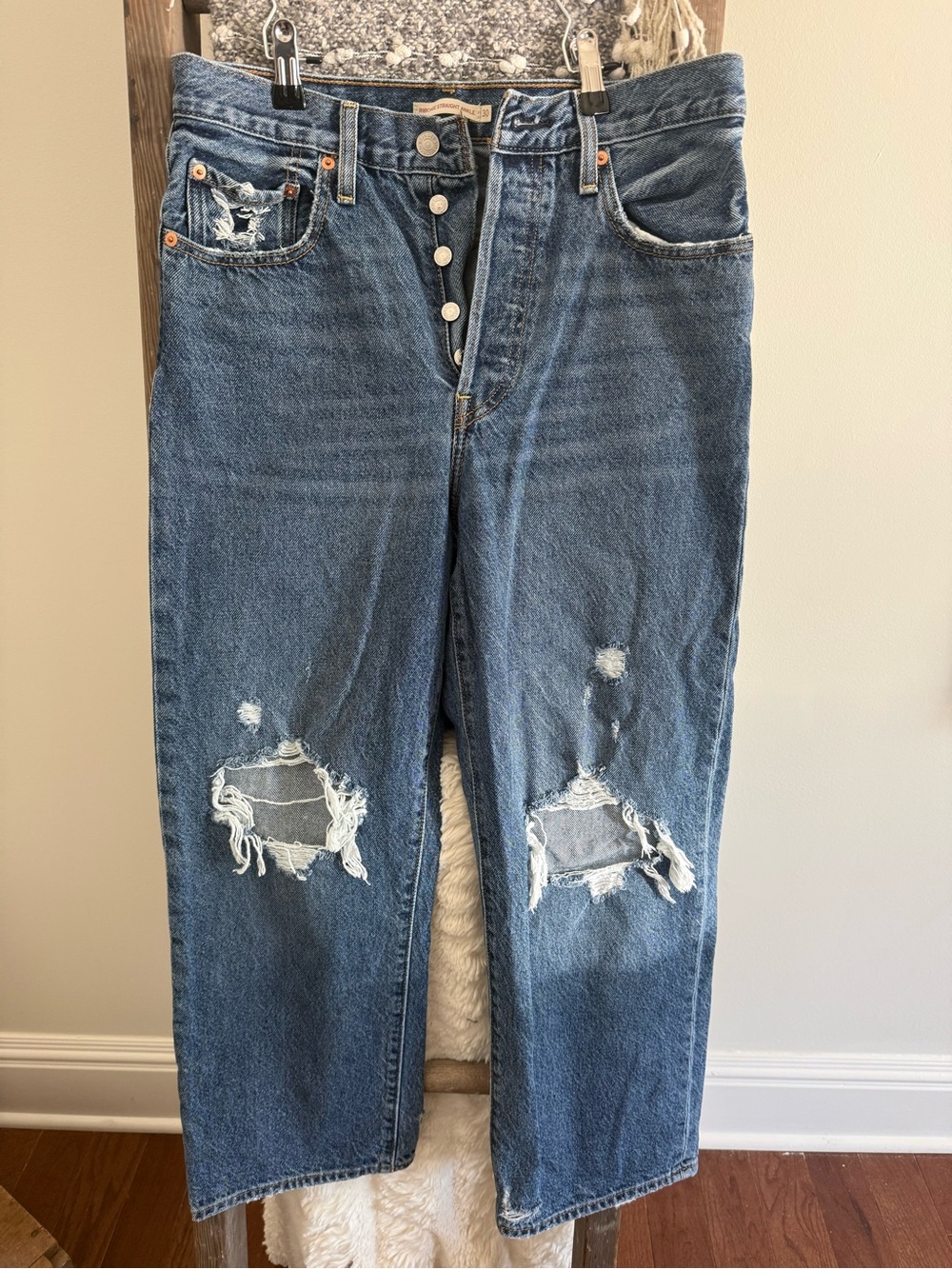 Levi’s high-Rise Distressed Button-Fly Blue Jeans